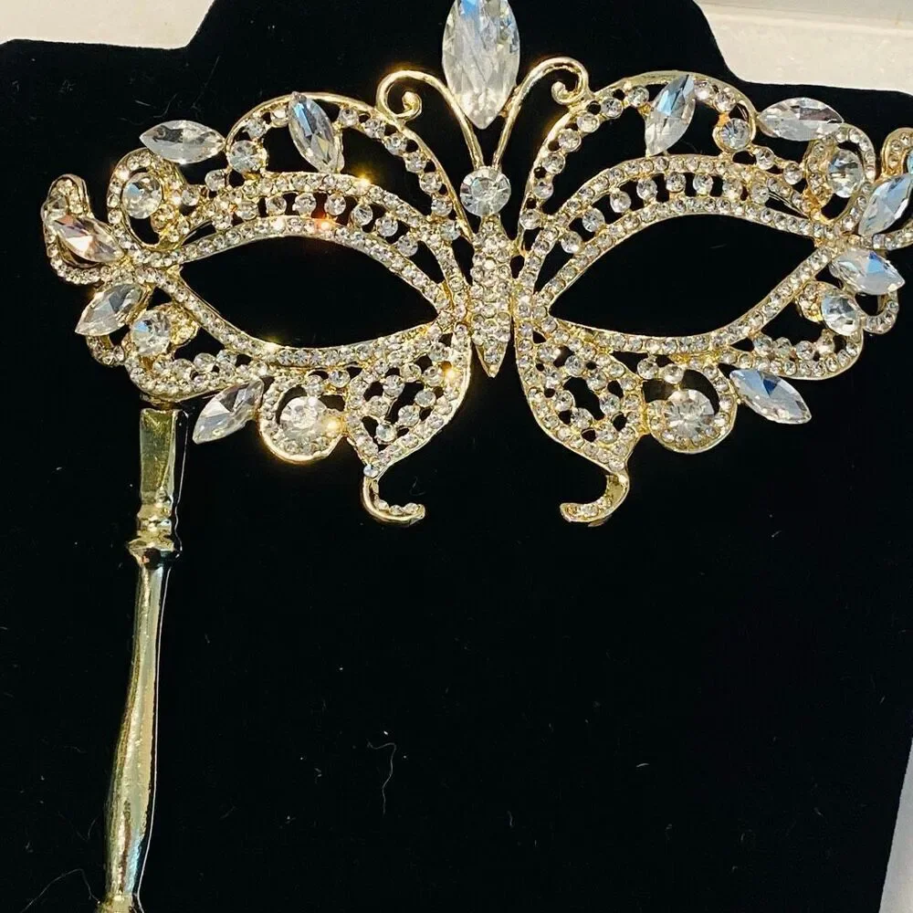 NWT AB Crystal Masquerade Rhinestone Prom Mask With Stick Handheld Gold-tone OS
